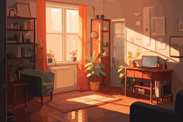 Living corner in the house in the morning vector art illustration.