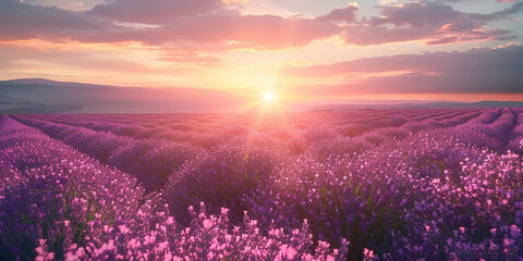 Beautiful Lavender Field at Sunset with Sun in Background, Tranquil and Serene Natural Landscape Scenery with Purple Flowers - obrazy, fototapety, plakaty