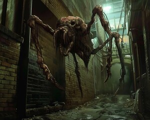 An aberration of nature, a bizarre creature with mismatched limbs and unsettling features, lurking in a dimly lit alleyway - obrazy, fototapety, plakaty