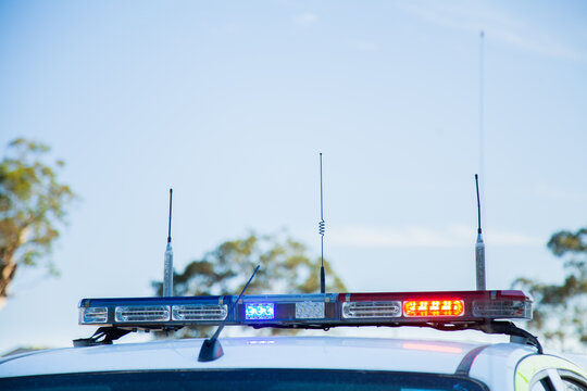 Fire service emergency vehicle with red and blue lights