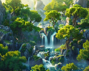 Create a sylvan landscape filled with lush trees, serene rivers, and hidden creatures - obrazy, fototapety, plakaty