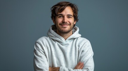 Obraz premium Handsome smiling, happy and pleased stoic man with positive vibes. Portrait of a joyful young man with beautiful hair and fashionable clothes.