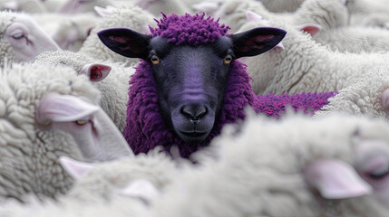 In a field of white sheep, a group of purple sheep stands out, surrounded by their white counterparts. All the sheep are looking at the camera. Generated AI.