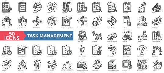 Task management icon collection set. Containing task, managing, process, life cycle, planning, testing, tracking icon. Simple line vector