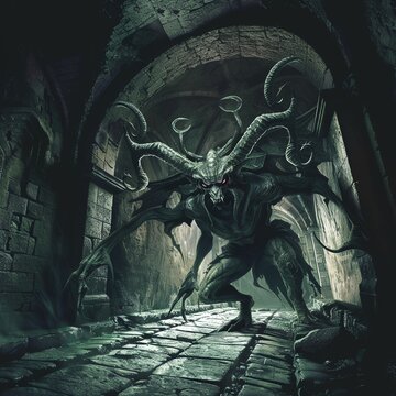 Create an eerie scene with an incubus in a labyrinthine setting