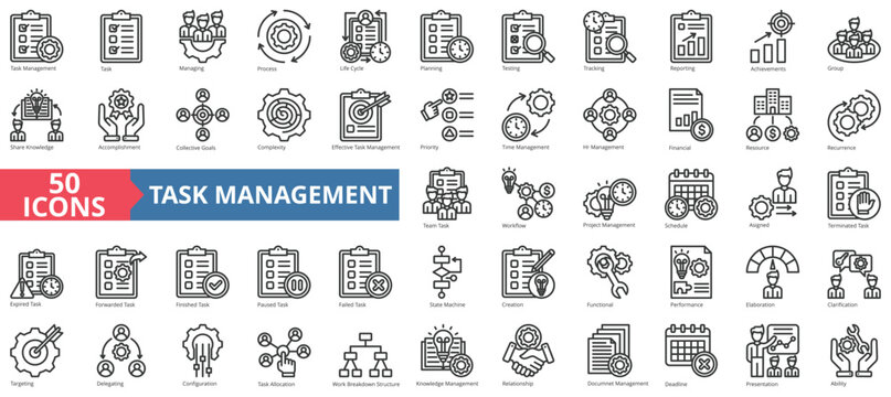 Task management icon collection set. Containing task, managing, process, life cycle, planning, testing, tracking icon. Simple line vector