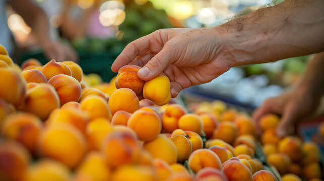 A hand selecting apricots from a market stand.