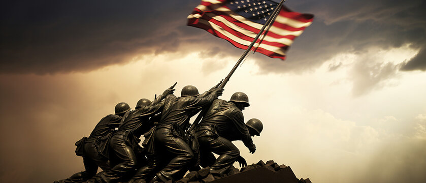 Iwo Jima Memorial. Statue of soldiers putting flag 