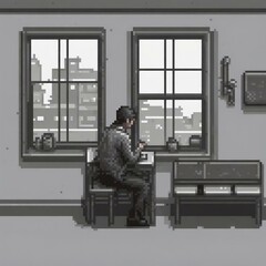 pixel art of a man sitting at a table looking out a window, in the style of schoolgirl lifestyle, black and white photographs, workingclass empathy, i cant believe how beautiful this is, flickr, photo - obrazy, fototapety, plakaty