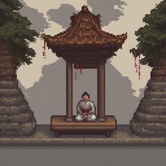 pixel art of a man propped himself up against the smooth, curved walls of the pagoda, seeking relief from the pounding headache that plagued him, His temples throbbed with each beat of his heart, He