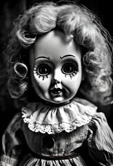 black and white scary vintage girl doll. evil, possessed, Halloween