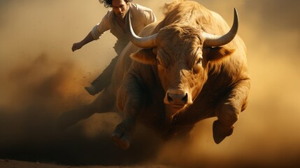 Hold on tight and don't let go as the bull tries to throw you off. - obrazy, fototapety, plakaty