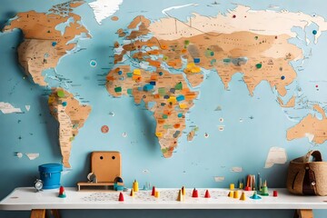 A wall-mounted interactive map with push pins for little explorers to mark their adventures.