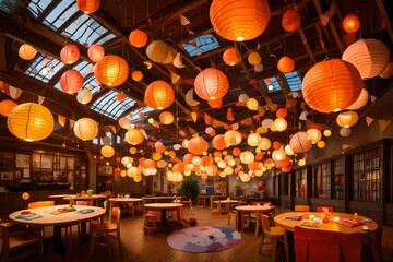 A ceiling adorned with hanging paper lanterns, casting a warm glow over a play area with plush animal toys. - obrazy, fototapety, plakaty