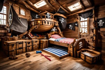 A pirate-themed play area with a ship-shaped bed, treasure chests, and pirate flag decorations.