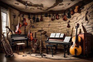 A music corner filled with various instruments, a small stage, and musical notes decorating the...