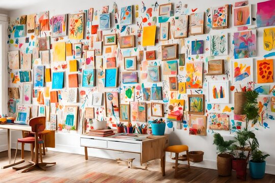 A creative art wall adorned with kids' vibrant paintings and drawings.