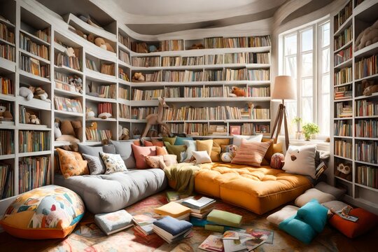 A cozy reading nook with oversized floor pillows, surrounded by shelves of picture books and stuffed animals.