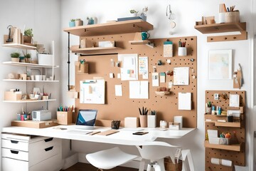 A space-saving desk area with floating shelves, a corkboard for art, and a pegboard for organizing supplies.