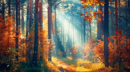 Zelfklevend Fotobehang Bosweg Autumn forest nature. Vivid morning in colorful forest with sun rays through branches of trees. Scenery of nature with sunlight