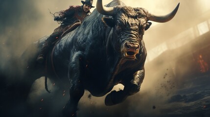 The fearless cowboy clings to the massive bull, a test of strength and will in the rodeo arena.