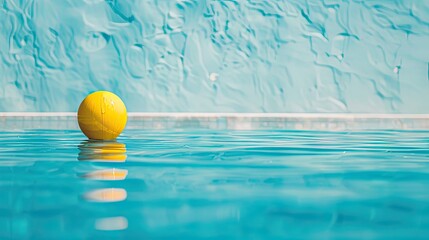 A vibrant yellow ball floats serenely atop a shimmering blue pool, inviting viewers to enjoy a refreshing dip and poolside leisure under the summer sun