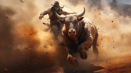 With a fierce determination, the cowboy rides the bull, showcasing the indomitable spirit of the West.