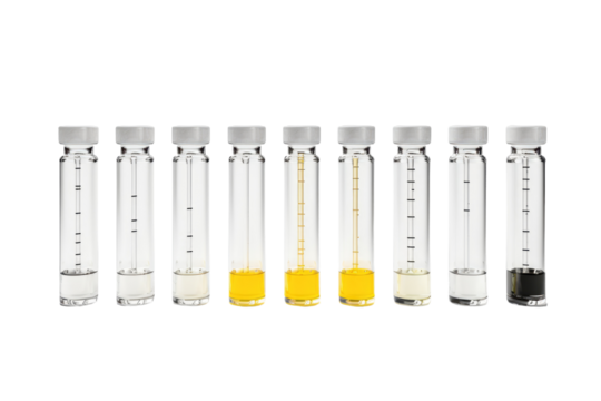 Row of Test Tubes Filled With Yellow Liquid. on a White or Clear Surface PNG Transparent Background.