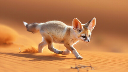 A cute fennec baby fox walking through the desert dunes, with its ears perked up