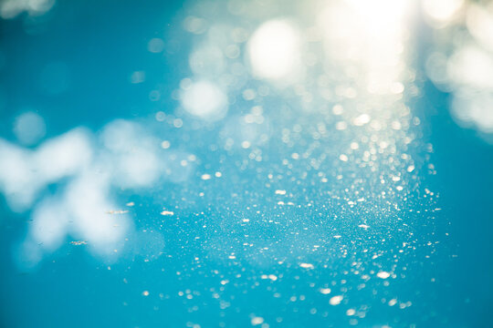 Dust on blue water in backyard pool, blue texture background