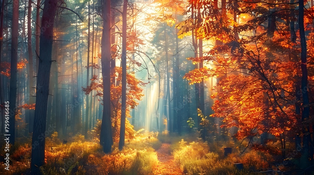 Canvas Prints autumn forest nature. vivid morning in colorful forest with sun rays through branches of trees. scen