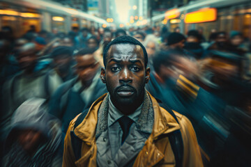 Fototapeta premium A black man standing in a moving crowd with a worried facial expression, anxiety concept