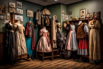 Naklejka premium A corner filled with dress-up costumes from different eras, inviting imaginative role-play.
