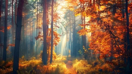 Zelfklevend Fotobehang Autumn forest nature. Vivid morning in colorful forest with sun rays through branches of trees. Scenery of nature with sunlight © Lucky Ai