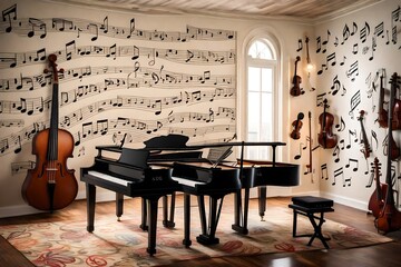 A music-inspired room with musical notes painted on the walls, a keyboard-shaped rug, and...