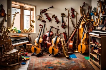 A corner filled with a variety of musical instruments for kids to explore and play. - obrazy, fototapety, plakaty