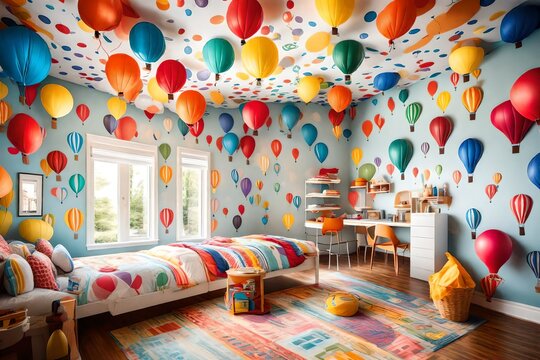 A colorful  air balloon-themed room with floating balloons painted on the ceiling and walls.