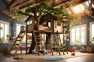 A treehouse loft bed with a ladder, slide, and a canopy of leaves overhead, transporting kids to an imaginative world.