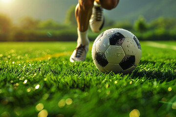A soccer player running toward a wet soccer ball on a green soccer field close-up - obrazy, fototapety, plakaty