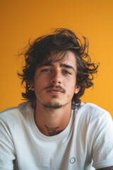 Fototapeta premium Handsome smiling, happy and pleased stoic man with positive vibes. Portrait of a joyful young man with beautiful hair and fashionable clothes.