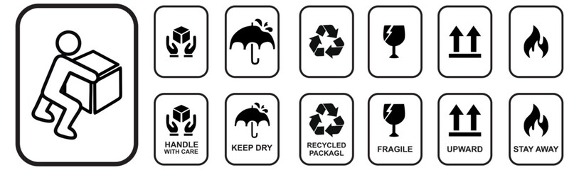 Fragile package icon set. delivery shipping labels flat style. handle with care, Keep away from water, fragile box, Handling, packing, step on, side up simple black symbol vector, vector illustration © Subhan