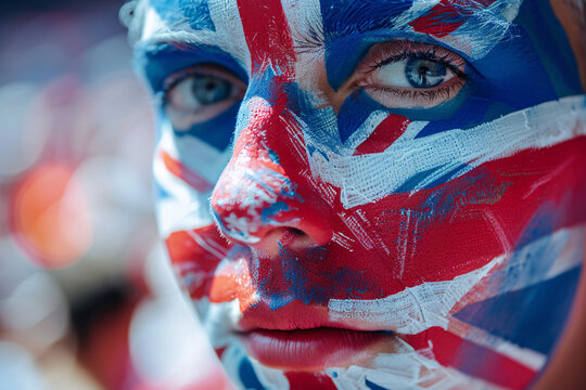 A sports fan with the Union Jack British flag painted on his face
