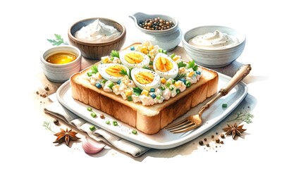 Fototapeta na wymiar Illustration Digital Oil Painting of a Single Piece of Delicate Middle Eastern Egg Salad Toast
