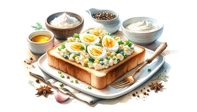 Illustration Digital Oil Painting of a Single Piece of Delicate Middle Eastern Egg Salad Toast