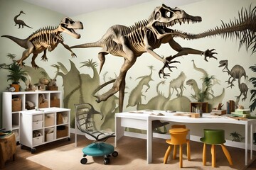 A dinosaur-themed room with fossil-inspired wall decals and a dinosaur skeleton model as the...