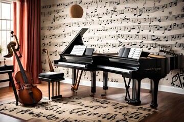 A music-inspired room with musical notes painted on the walls, a keyboard-shaped rug, and...