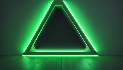 3d rendering, abstract geometric background. Triangular doorway portal glowing in the dark with magical green neon light. Modern minimalist wallpaper