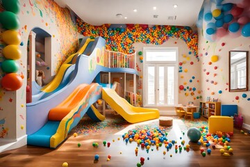A miniature indoor slide leading into a ball pit, surrounded by cheerful wall decals. - obrazy, fototapety, plakaty
