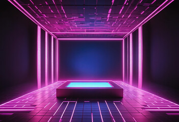 Square stage with pink blue neon light and screen pixels glowing dots background. Glowing neon lines. Empty stage laser. Catwalk fashion podium. Night club empty room. Laser show design. - obrazy, fototapety, plakaty