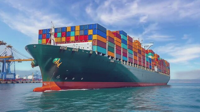 Side view of cargo ship carrying many stack of containers is crossing the ocean. Large freight container ship at the sea. Logistic service concept. Seamless looping animated. Generative AI
